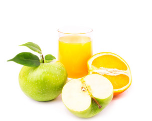 Fototapeta na wymiar Juicy apples and oranges and fresh juice