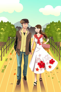 Couple walking in a winery