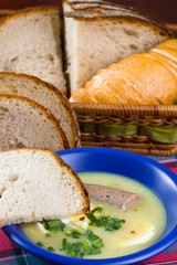 White borscht with eggs and white sausage