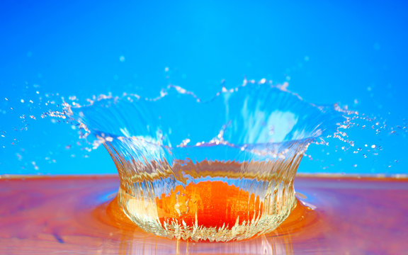 The orange falls in water
