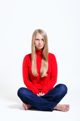 lovely woman in red blouse