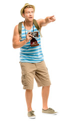 Happy tourist holding retro camera isolated on white