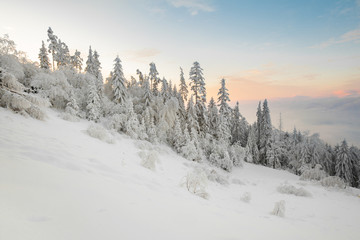 Beautiful winter sunrise photo taken in mountains