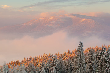 Beautiful winter sunrise photo taken in mountains