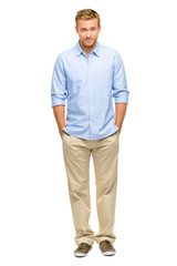 Handsome young man smiling full length white background