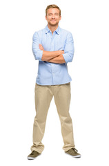 Handsome young man arms folded full length white background