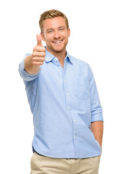 Happy man thumbs up sign portrait on white background