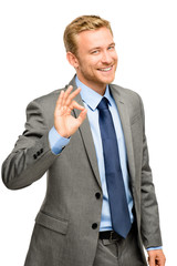 Happy businessman man okay sign - portrait on white background
