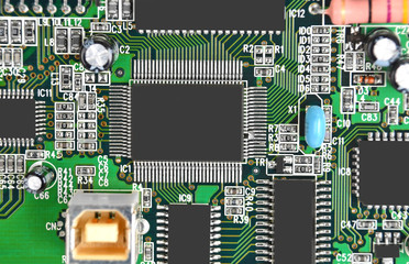 Old green scanner motherboard circuit close up