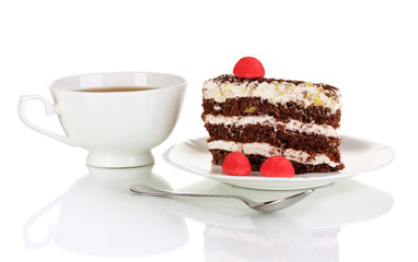 A cup of tea and delicious cake isolated on white