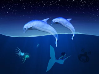 Selbstklebende Fototapeten Unterwasserdelfine und Meerjungfrau © AnnaPa