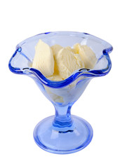 Ice cream in a blue glass ice-cream bowl