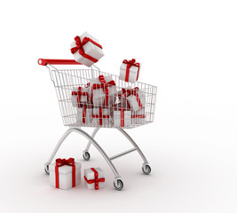 Shopping cart 3D with gifts - obrazy, fototapety, plakaty