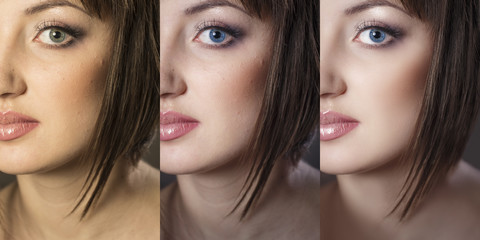 Fototapeta premium Girl's face close up in 3 options: the original, after color cor
