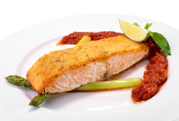salmon and asparagus on white background