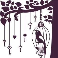 Papier Peint photo Lavable Oiseaux en cages oiseaux clés arbre silhouette