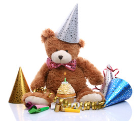 Teddy bear celebrates first birthday - obrazy, fototapety, plakaty