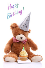 Teddy bear celebrates first birthday - obrazy, fototapety, plakaty