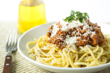 pasta spaghetti bolognese with tomato and meat sauce