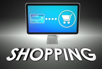 Screen and buying with word Shopping, E-commerce