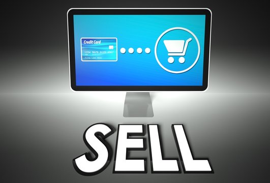 Screen and buying with word Sell, E-commerce