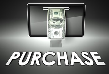 Screen and dollar bill, word Purchase, E-commerce