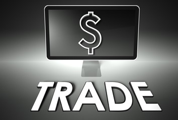 Screen and dollar sign, word Trade, E-commerce