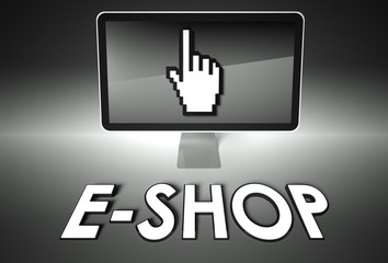 Screen and hand icon with E-shop, E-commerce