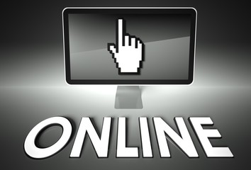 Screen and hand icon with Online, Network