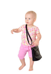 Baby with a bag on white background