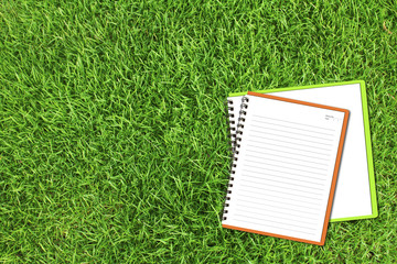 Orange notebook and Green sketch book on fresh spring green gras