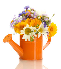 beautiful bouquet of bright  wildflowers in watering can,
