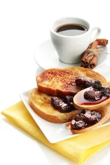 Fototapeten White bread toast with jam and cup of coffee, isolated on white © Africa Studio