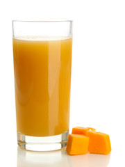 Glass of tasty pumpkin juice and pumpkin, isolated on white