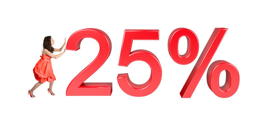 Woman In Red Dress Pushing 25% Sale Discount