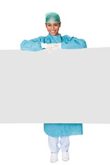 Happy Female Surgeon Holding Placard