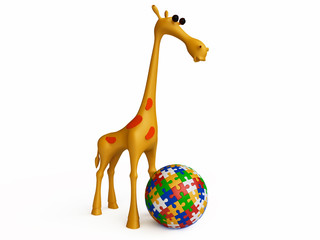 Naklejka premium Funny Giraffe Playing with Jigsaw Puzzle Ball