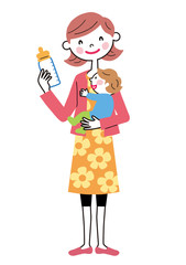 哺乳瓶を持つお母さんと赤ちゃん