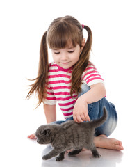 happy cute girl with her cat. isolated on white