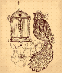 Panele Szklane  Wektor ręcznie rysowane ilustracja z ptakiem i kwiatami