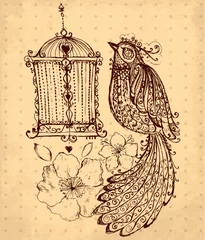 Tableaux ronds sur aluminium Oiseaux en cages Illustration vectorielle dessinés à la main avec des oiseaux et des fleurs