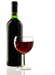 Red wine bottle and glass on white background