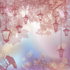 Delicate background background with tree branches and lanterns