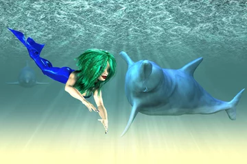 Fototapeten Meerjungfrauenmädchen mit Delfinen © AnnaPa