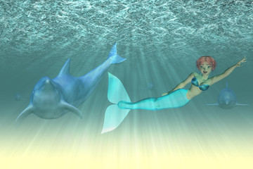 Zeemeermin meisje met dolfijnen