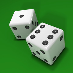 Two white dice on green background