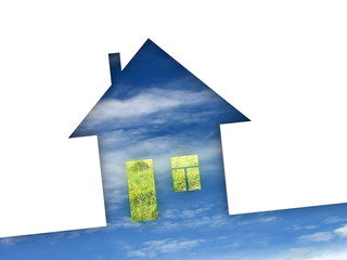 Eco house metaphor. House with grass and sky.