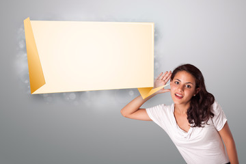 young woman gesturing with modern origami copy space