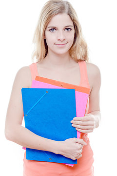 Female stundent with toothless smile, looking at the camera