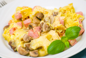 omelet with mushrooms, ham and cheese